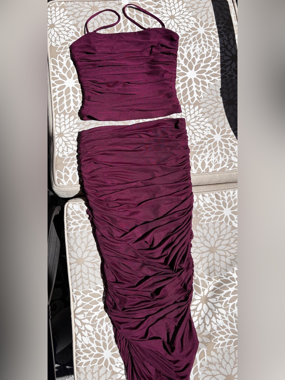Express Body Contour Mesh Ruched Crop Top And Midi Skirt Set Burgundy Size Small
